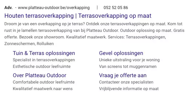 Voorbeeld Platteau Outdoor Google advertentie