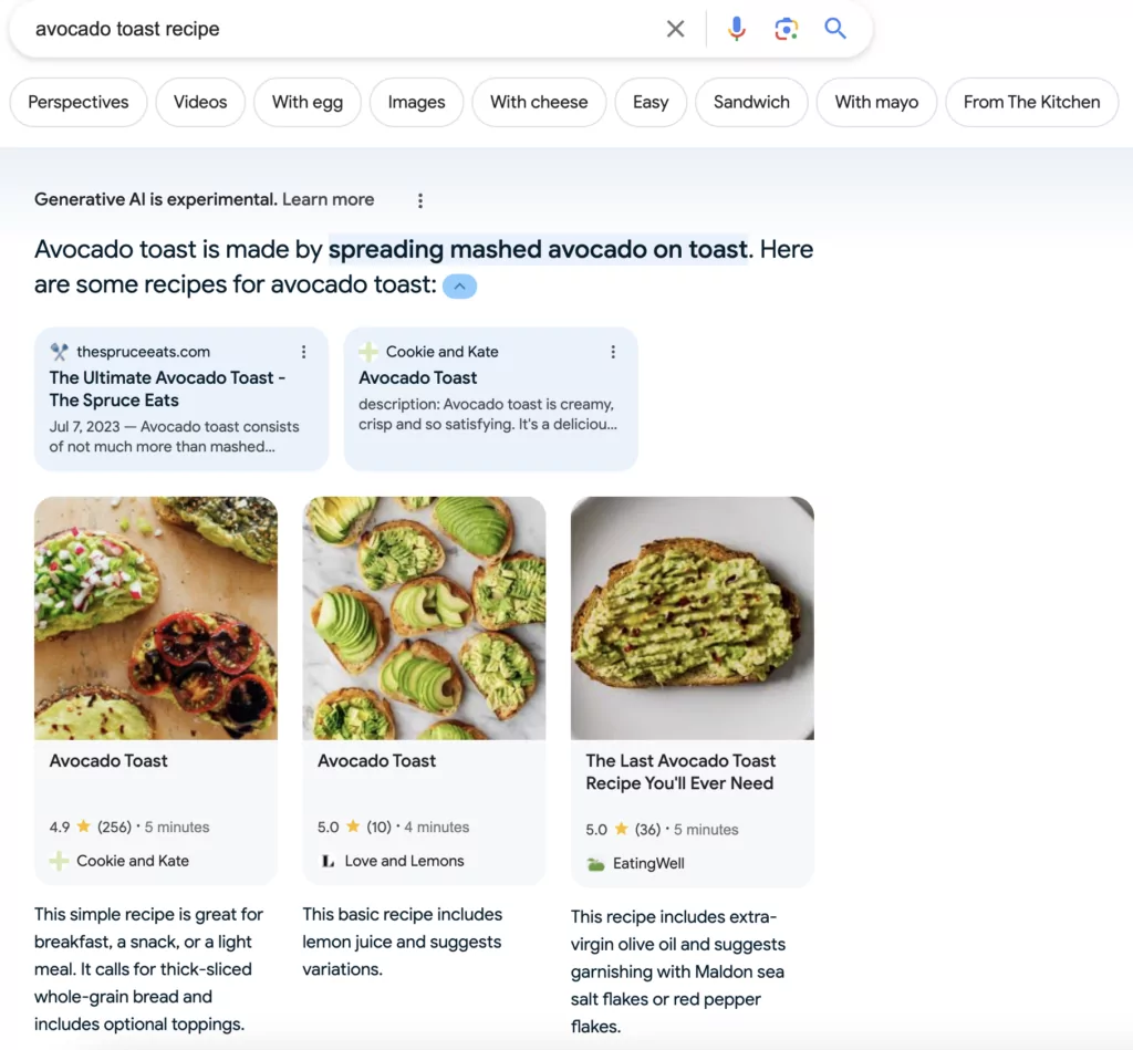 Google SGE Avocado Toast